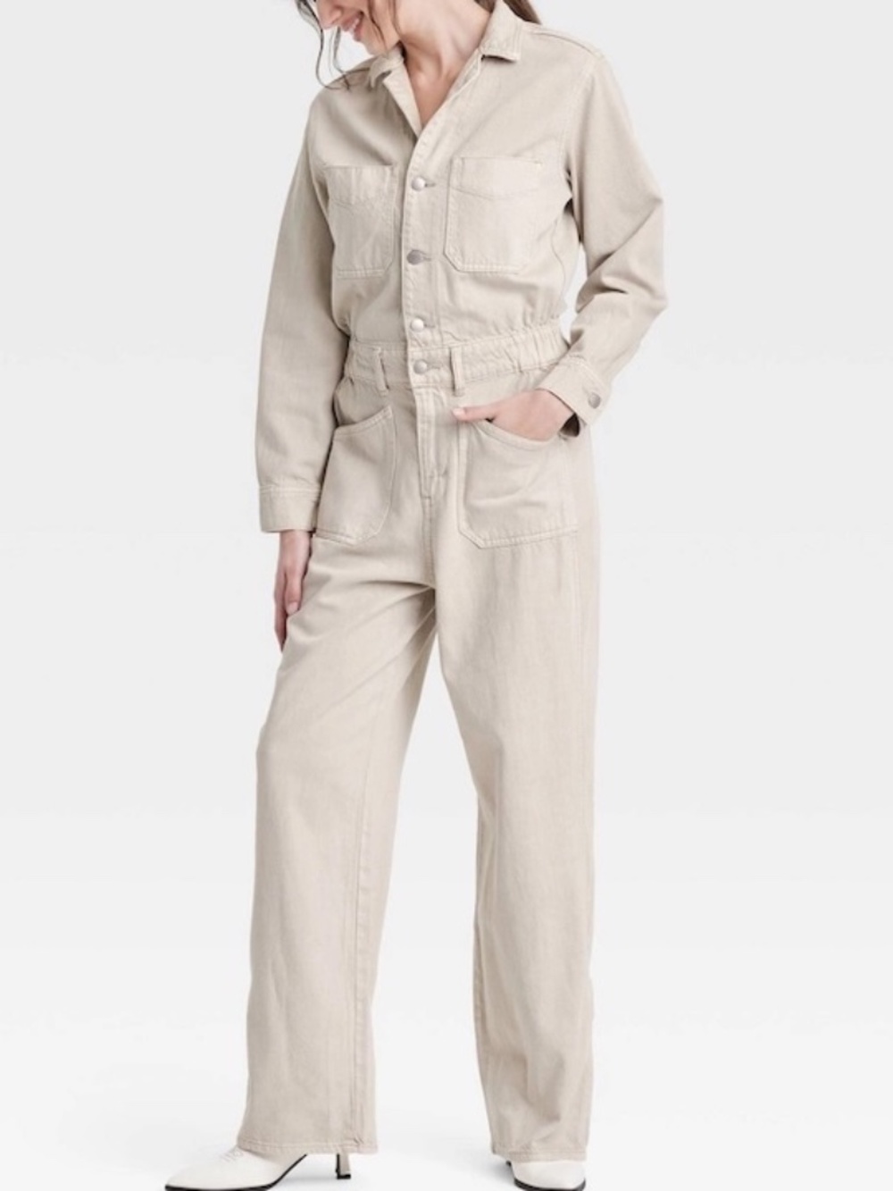 Universal Thread Womens Size 12 Baggy Jumpsuit Boiler Suit Beige Denim Wide Leg